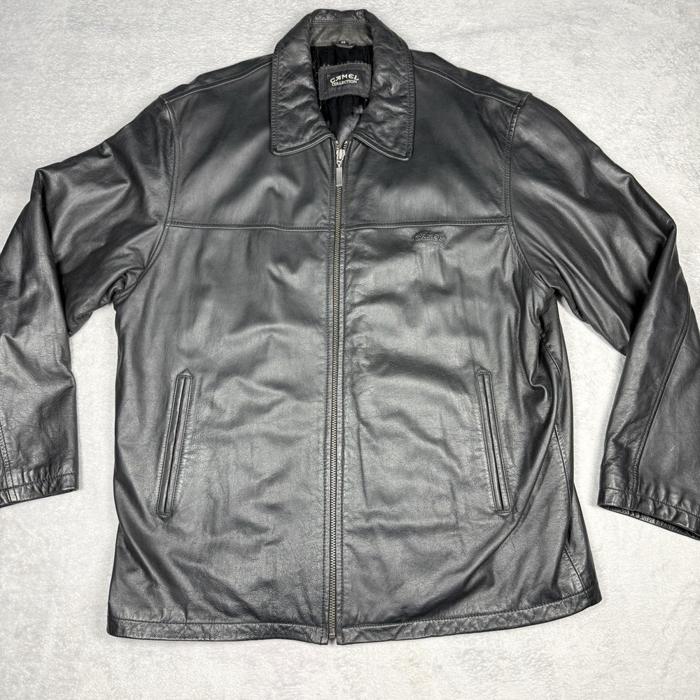 Camel Collection City Casual Leather Jacket Black Full Zip Men's US XLEU 56